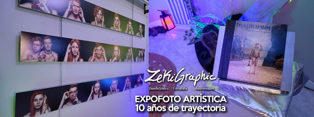 Vista de paredes repletas de fotografías artísticas en la exposición EXPOFOTO ARTISTICA de ZekiGraphic en Murcia. Gran cantidad de obras