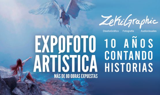 Cartel EXPOFOTO ARTISTICA en Murcia por Zeki Graphic con Pegaso alado y modelo. Exposición de más de 80 obras fotográficas. Entrada gratuita