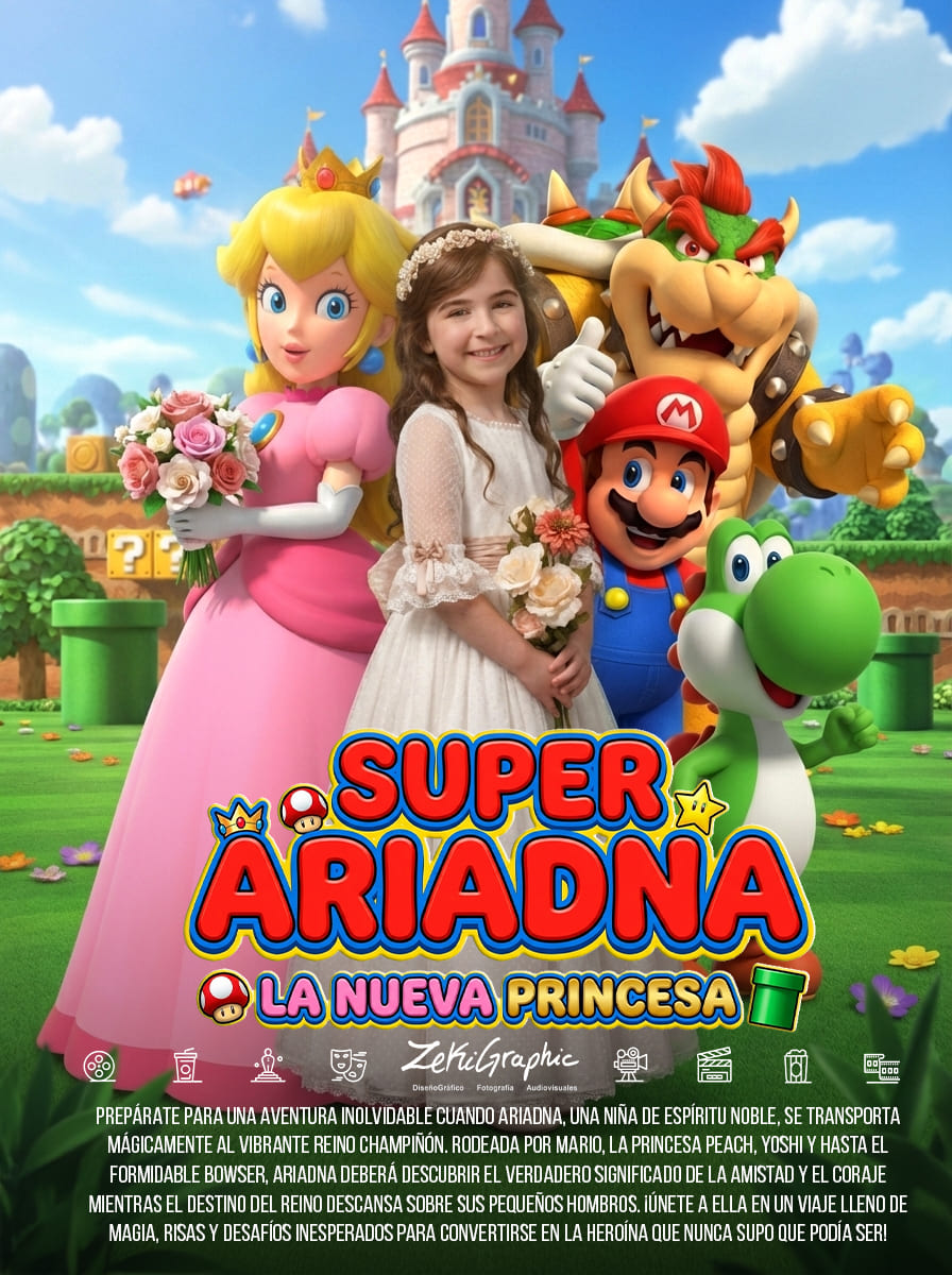 Cartel de película personalizado estilo Super Mario para comunión en estudio fotográfico en Murcia