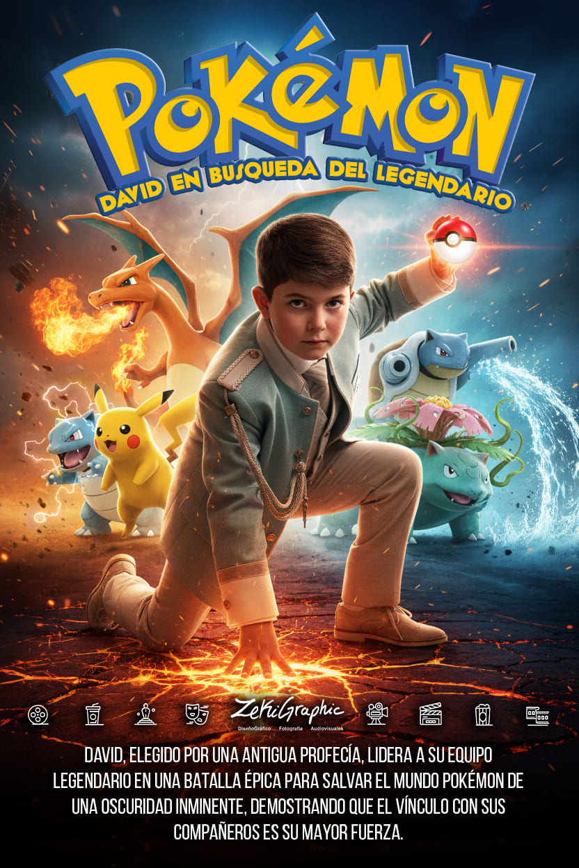 Sesión de fotos de comunión con cartel de película personalizado estilo videojuego Pokemon en Murcia